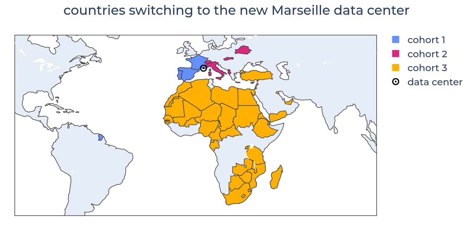 The location of the Marseille DC added in 2022 and the countries which were switched to use it.